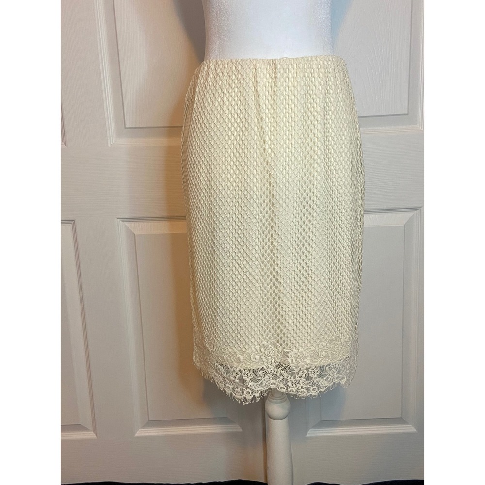 Max Edition Cream Lace Hem Mesh Pencil Skirt Small Off White Knee Length S70181B